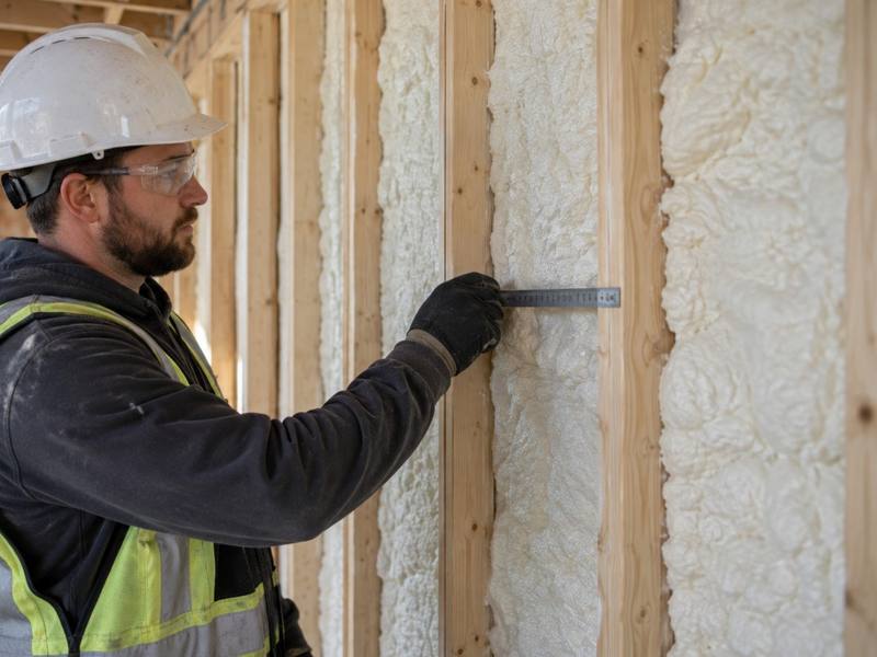 Depth check on fresh spray foam in a wall in Kitchener