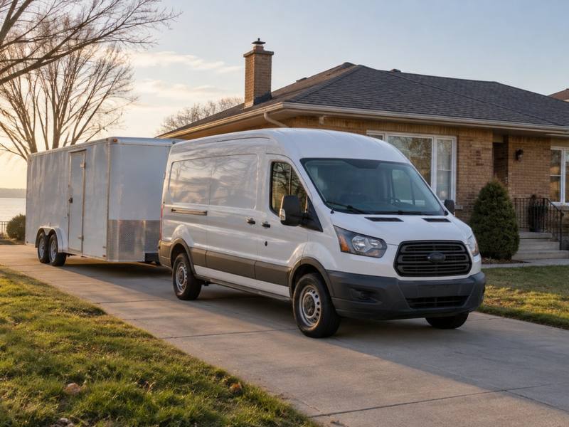 Insulation service van and equipment trailer parked at a brick home in Kitchener