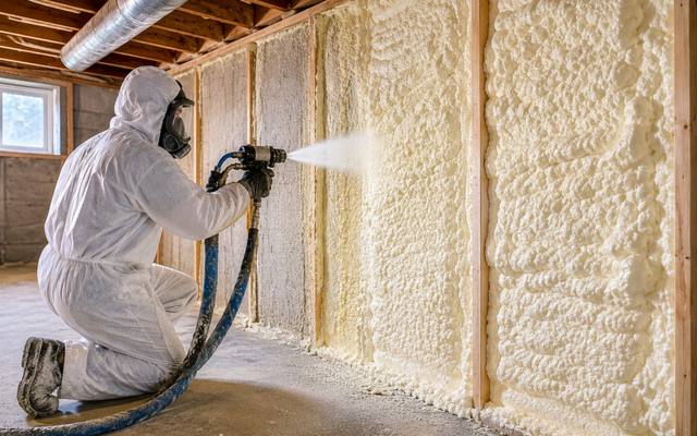 Installer kneeling to spray foam on a basement wall in Kitchener