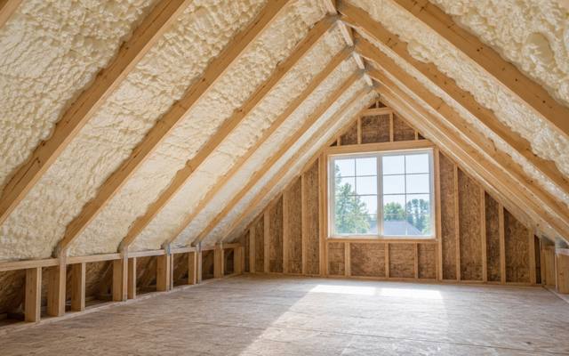 Spray foam on the rafters and knee walls of an attic with a gable window