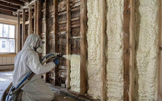 Old wall opened and refilled with spray foam