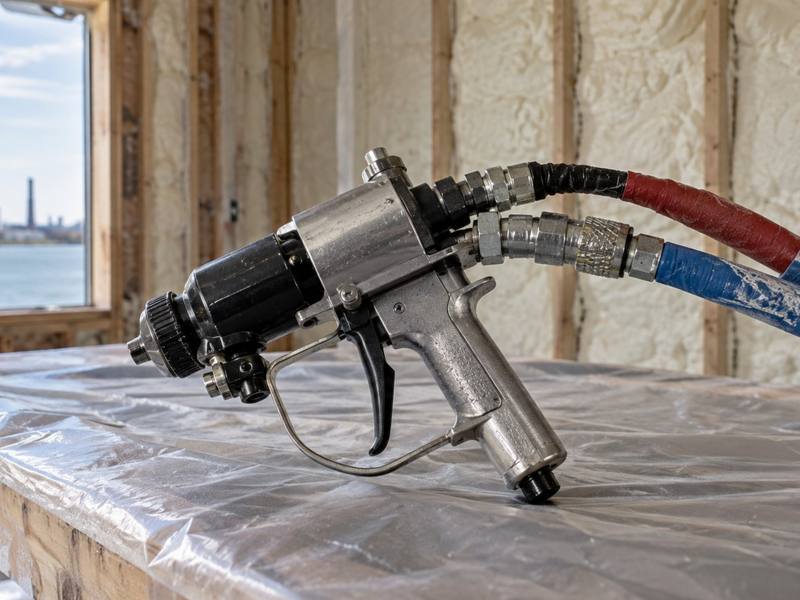 Spray foam gun and hoses set up on a masked floor